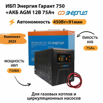 ИБП для котла Энергия Гарант 750 + Аккумулятор 75 Ач 12 В (450Вт - 91мин) - ИБП и АКБ - ИБП для котлов - . Магазин оборудования для автономного и резервного электропитания Ekosolar.ru в Солнечногорске